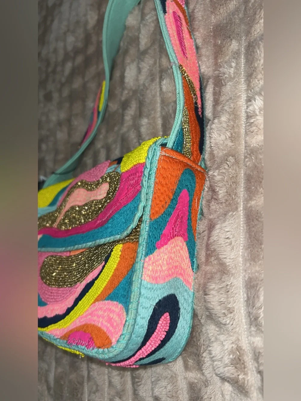 NWT Beaded - America & Beyond Vibrant Multicolor Shoulder Bag with Teal Strap